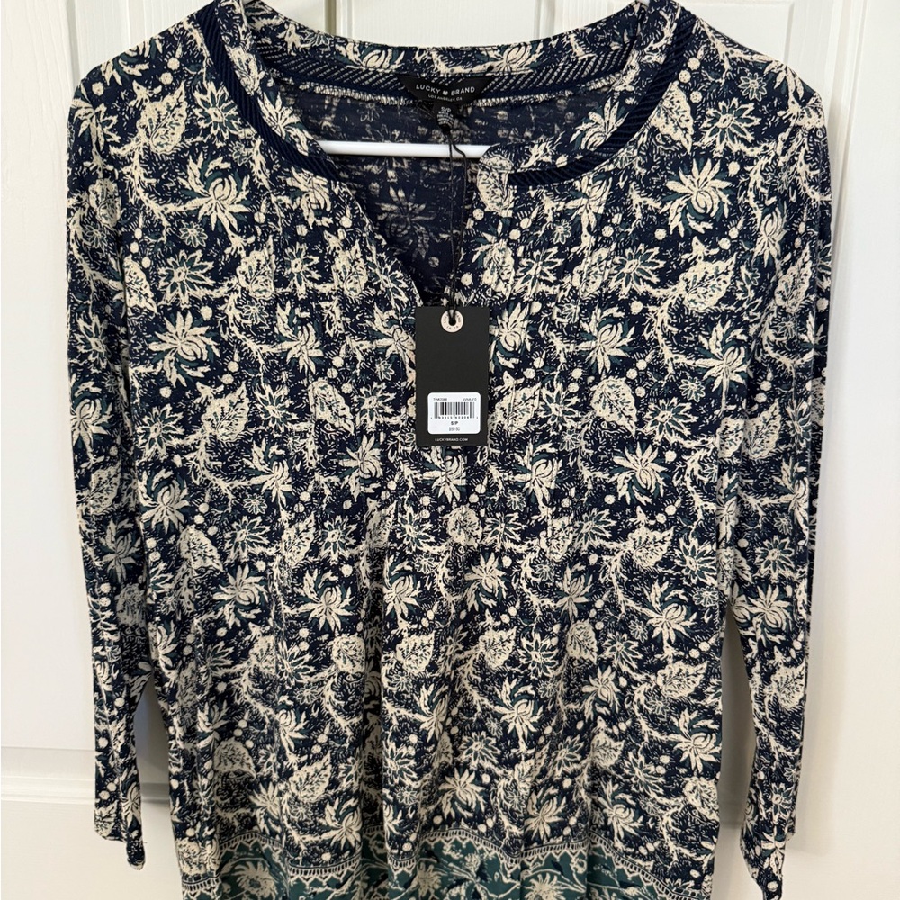 Lucky Brand Floral Navy and Cream Women's Top